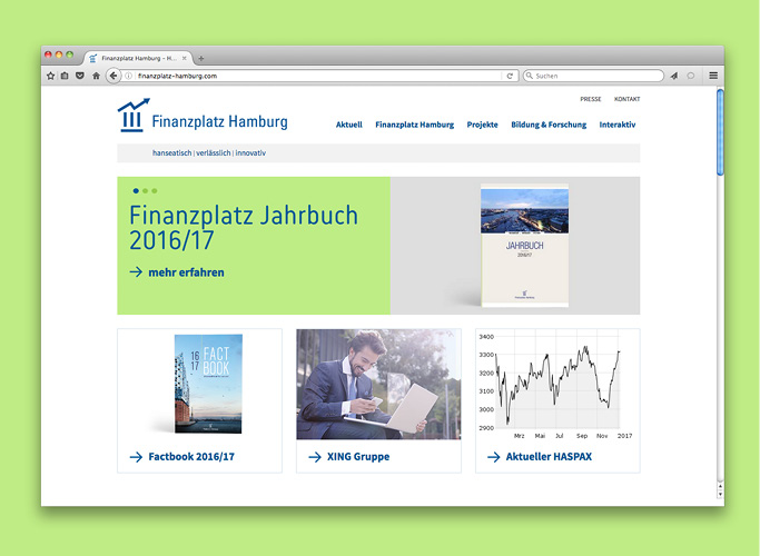 Die Website des Finanzplatz Hamburg präsentiert das Jahrbuch